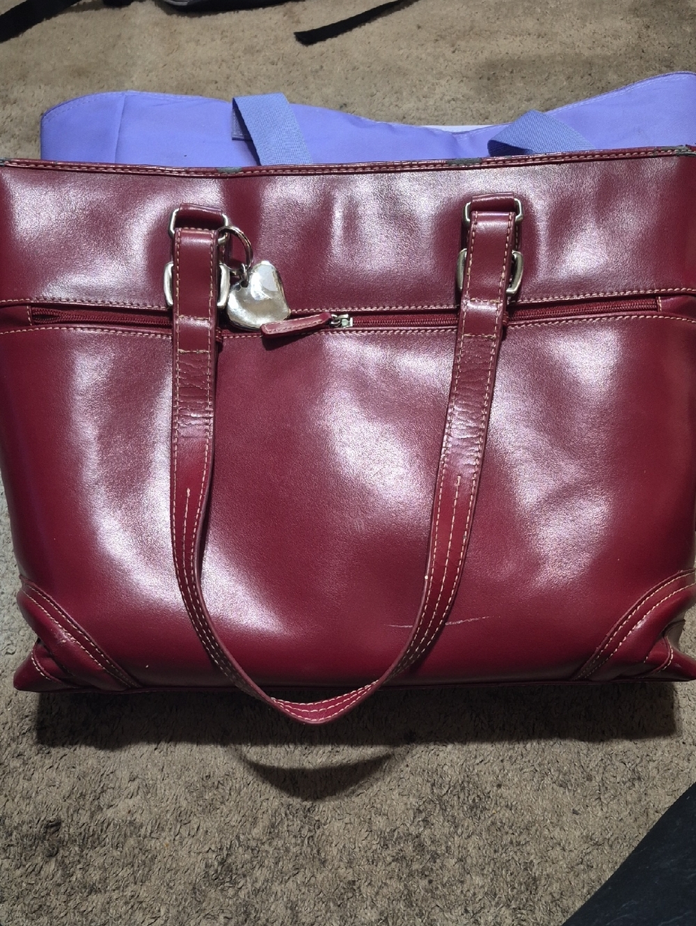Classic Women's Burgundy Tote Bag with Heart Charm